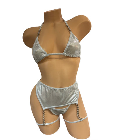 DW OS SILVER TWINKLE CHAINED 3PC TIE GARTER SET