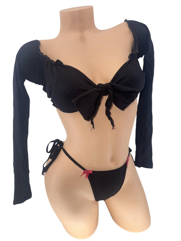 BLACK MERRILL TOP & THONG SET W/BOWS