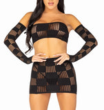 CHECKERBOARD NET & OPAQUE BEANDEAU MINI SKIRT & ARM WARMERS