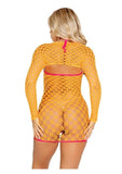 2PC NEON ORANGE  NET MINI DRESS W/ TIE FRONT KEYHOLE  & SHRUG