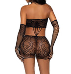 STRAPPY LACE TUBE DRESS AND MATCHING GLOVES - O/S - BLACK