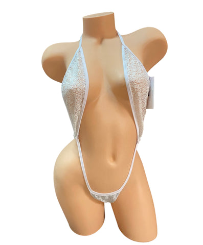 SW OS WHITE SEQUINS HIGH CUT THONG SLING SHOT OP