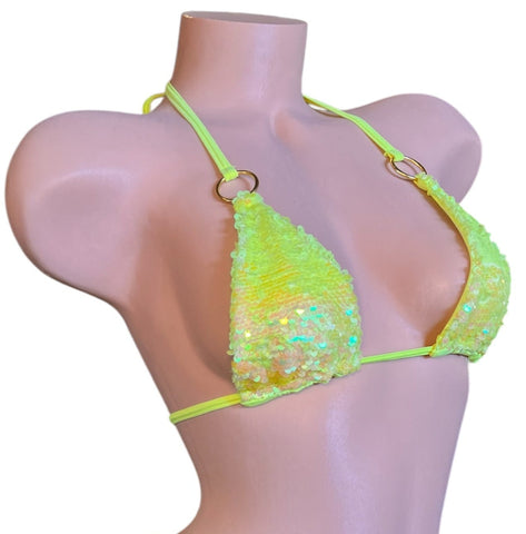 NEON YELLOW FLIP SEQUINS BIKINI TOP W/ GOLD RING