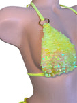 NEON YELLOW FLIP SEQUINS BIKINI TOP W/ GOLD RING