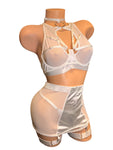 WHITE SHEER SATIN BRA SET W/ SKIRT & PANTIES