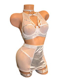 WHITE SHEER SATIN BRA SET W/ SKIRT & PANTIES
