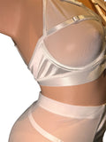 WHITE SHEER SATIN BRA SET W/ SKIRT & PANTIES