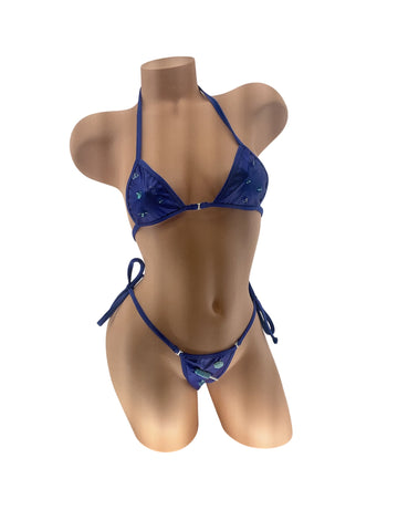 SATIN BLUE CANDIED BIKINI TOP & TIE THONG 2PC