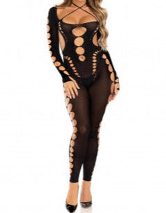 black-Opaque Cut Out Footless Bodystocking - One Size - Black