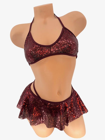 BURGUNDY SEQUINS HI-LOW 3PC SKIRT SET