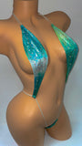 GREEN OMBRE RHINESTONE RAIN THONG ONE PIECE