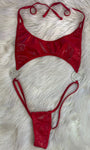 RHINO CHARMED RED LATEX MICRO HALTER THONG ONE PIECE
