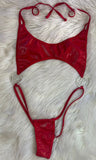 RHINO CHARMED RED LATEX MICRO HALTER THONG ONE PIECE