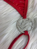 RHINO CHARMED RED LATEX MICRO HALTER THONG ONE PIECE